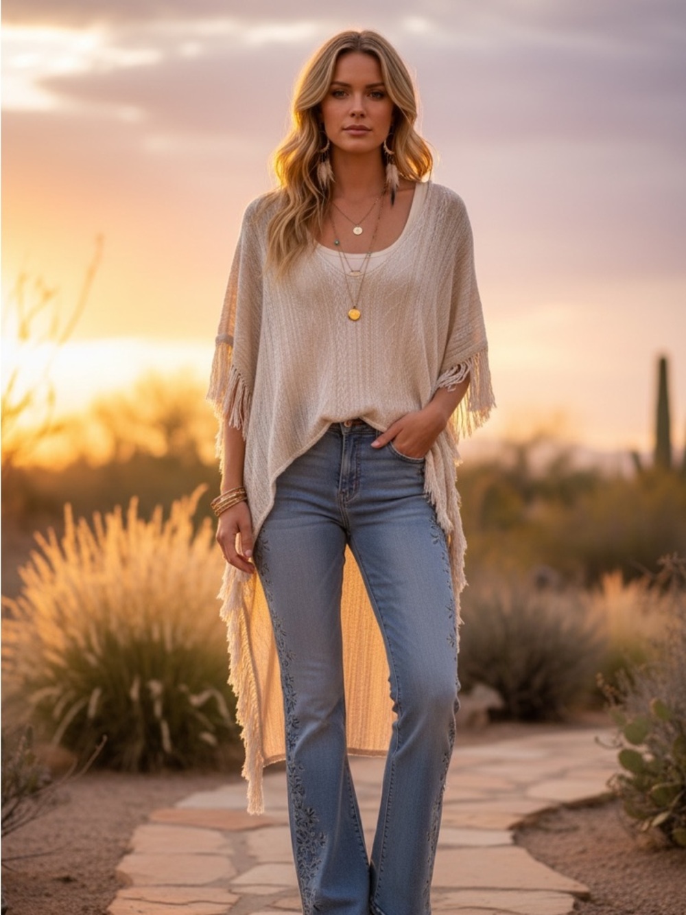 Boho Fringe Hi-Lo Poncho Top